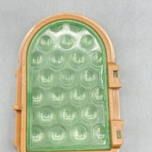 Marco marrón con ventana, parte superior arqueada, vidrio de botella